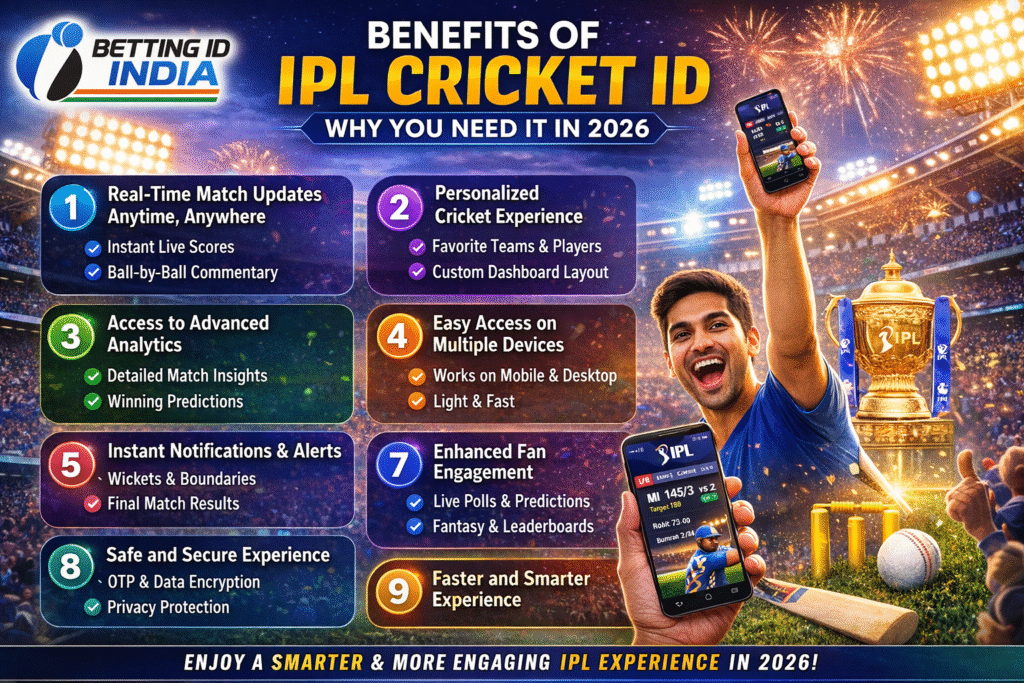 Benefits of IPL Cricket ID 2026 with live score updates, analytics, notifications and Betting ID India logo