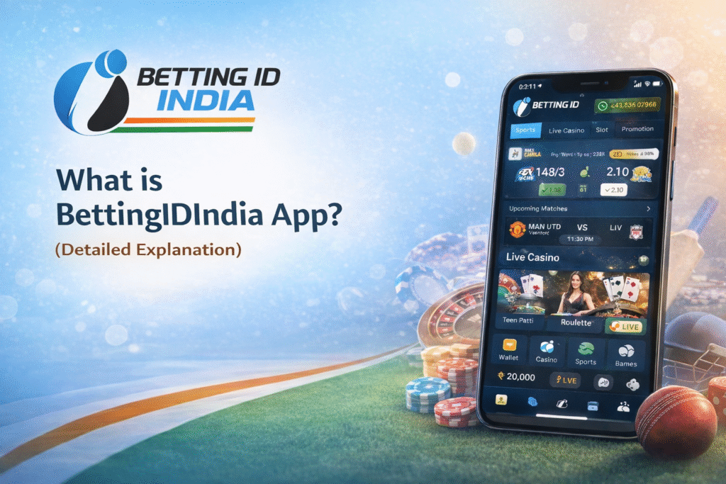 What is BettingIDIndia App image with logo showing sports betting and live casino features on mobile