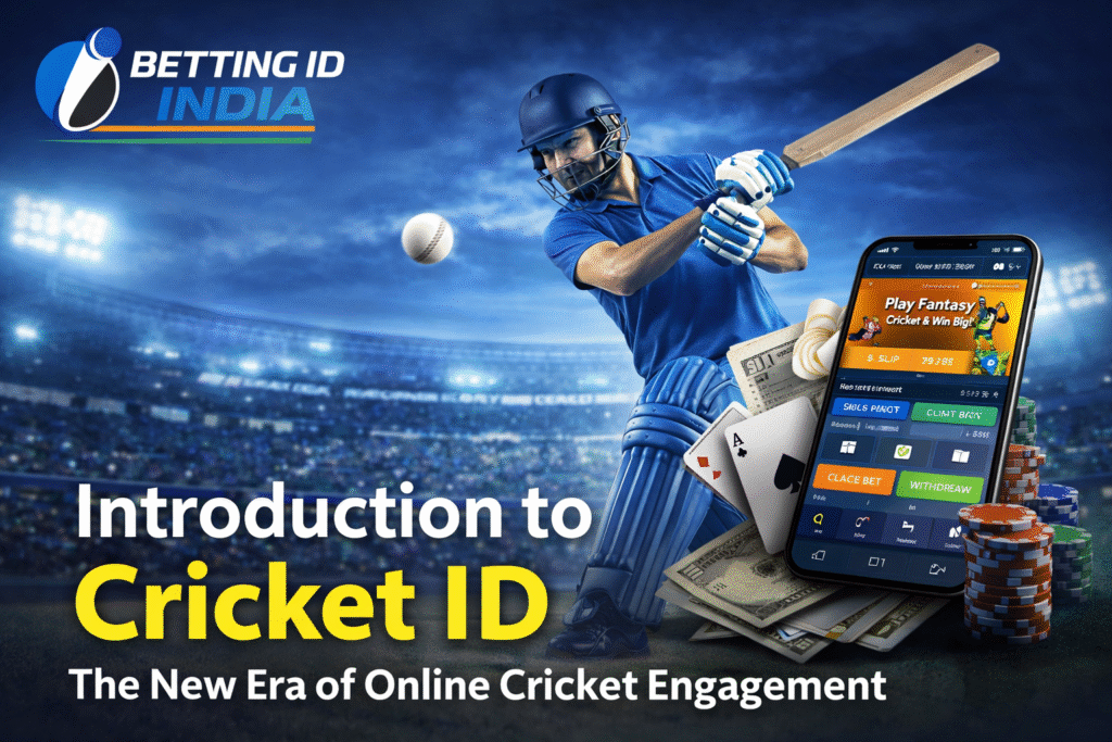 Cricket ID online betting India with Betting ID India logo and cricket player