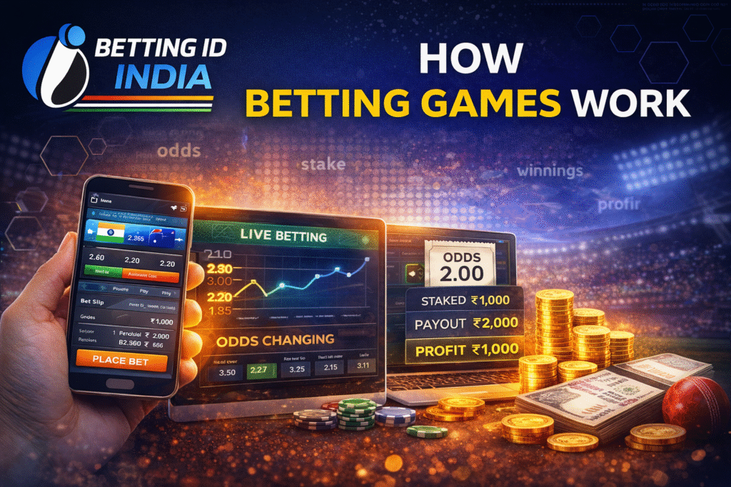 “Step-by-step process of betting games showing odds, stake, payout and live betting interface”