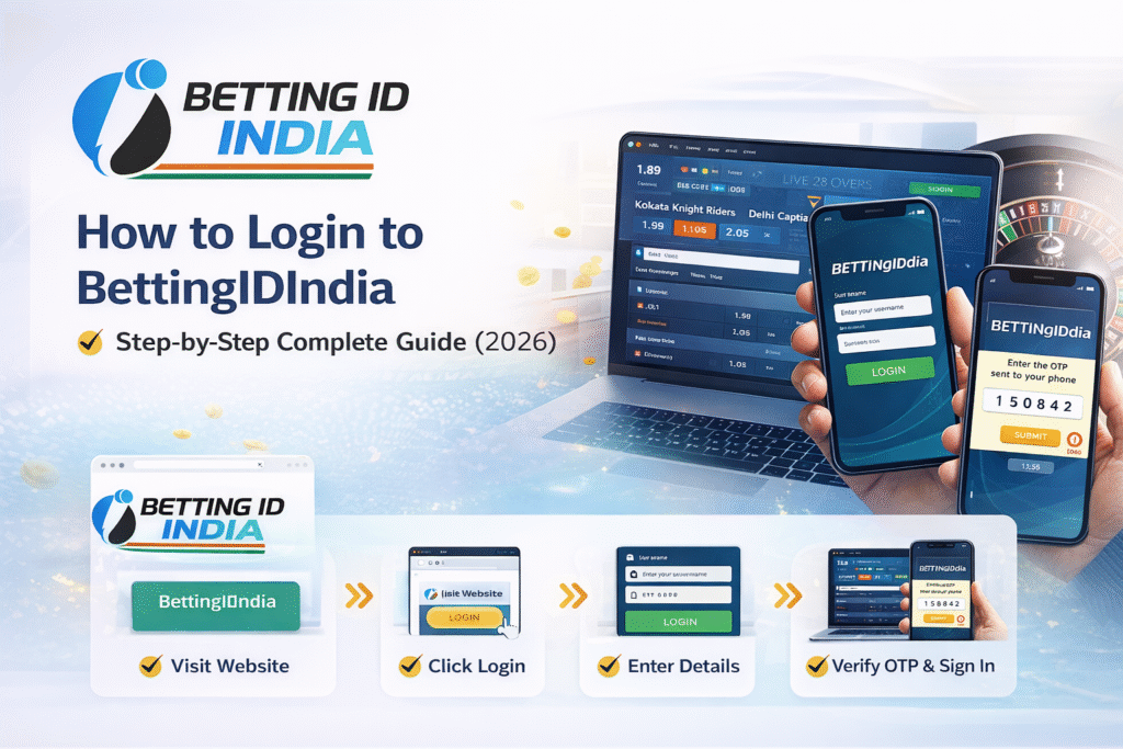 Step by step BettingIDIndia login process with logo mobile OTP verification dashboard