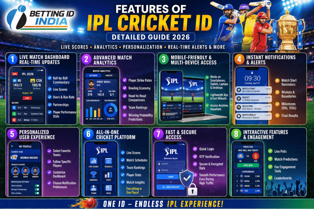 Features of IPL Cricket ID 2026 with live dashboard, analytics, notifications and Betting ID India logo