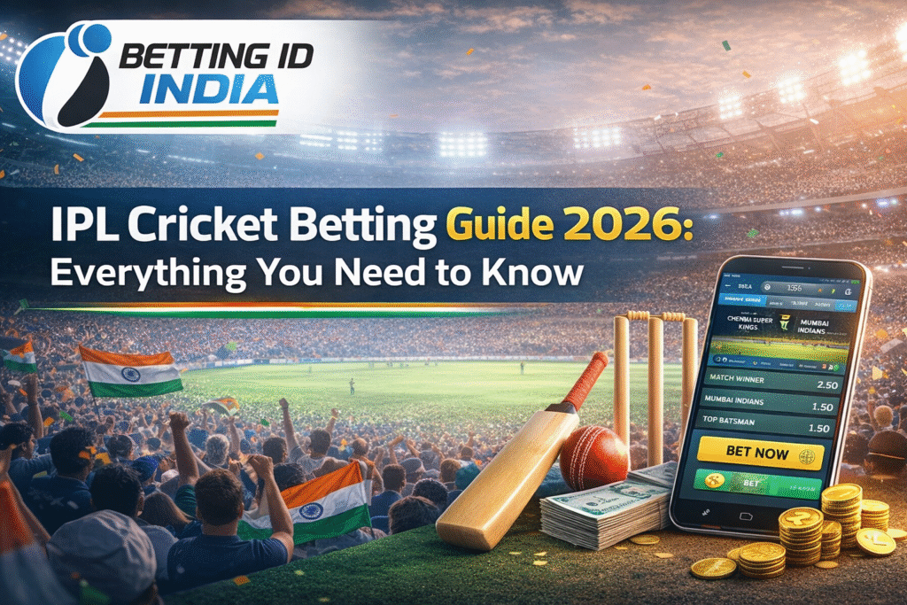 IPL Cricket Betting Guide 2026 with Betting ID India logo, live odds mobile app and cricket stadium background