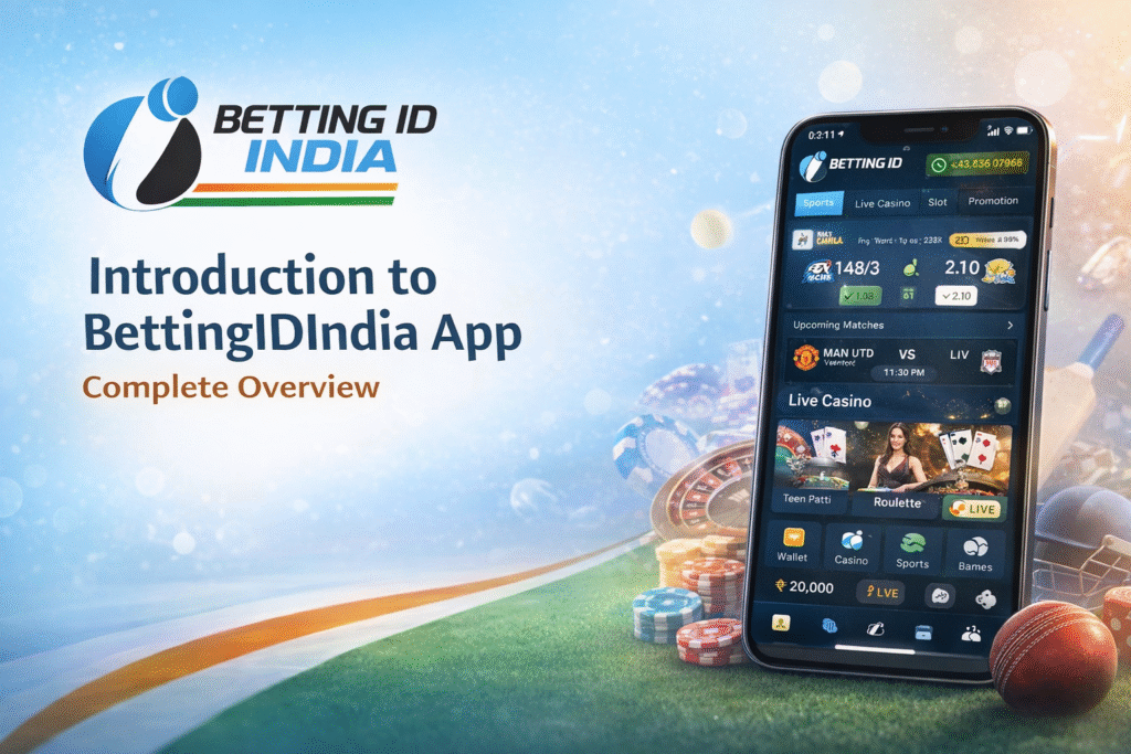 BettingIDIndia App dashboard with official logo showing live cricket betting and casino features
