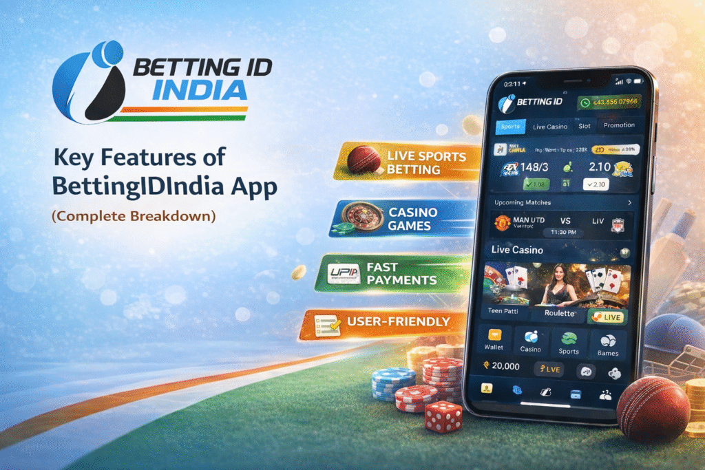 BettingIDIndia App key features image with logo showing live sports betting, casino games, fast payments and user-friendly interface