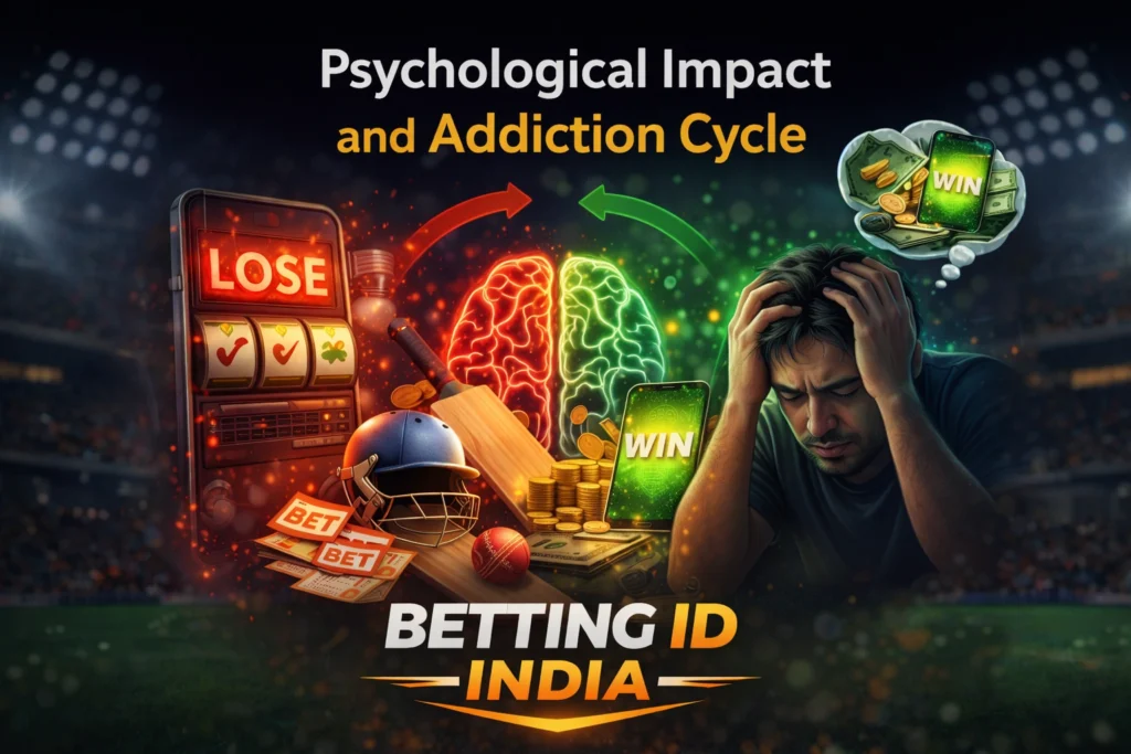 Psychological impact and addiction cycle of cricket betting apps with Betting ID India logo