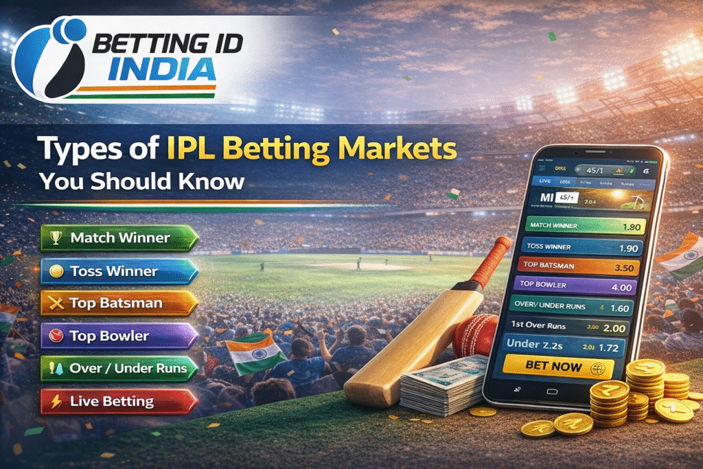 Types of IPL betting markets like match winner, toss, top batsman and live betting with Betting ID India logo