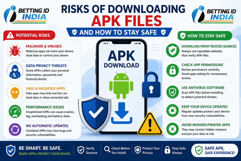 Risks of downloading APK files and safety tips infographic