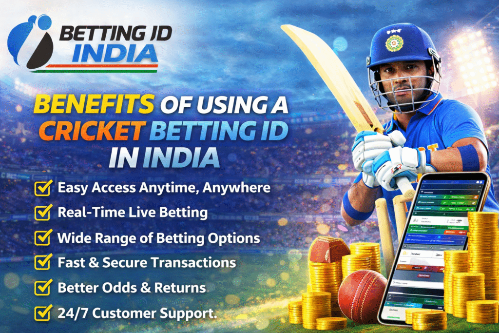 Benefits of cricket betting ID India with live betting, mobile app, fast payments and cricket player banner