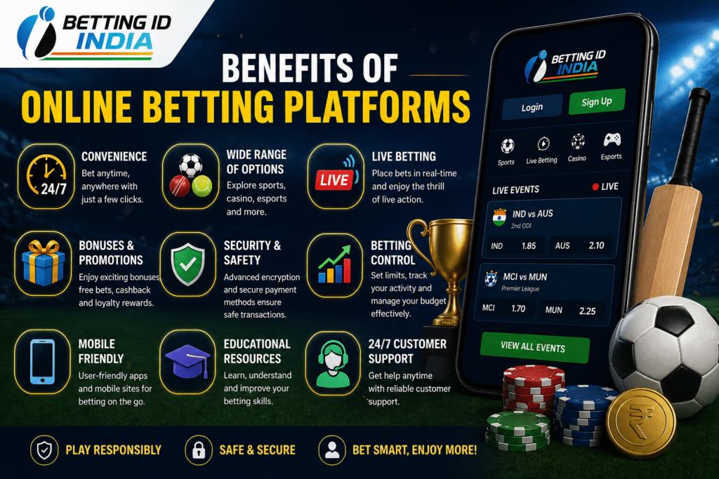 Benefits of online betting platforms with mobile betting app interface and sports icons