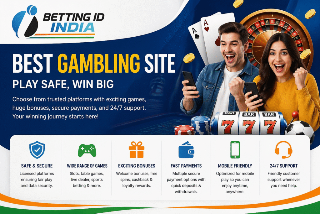 Best Gambling Site banner with Betting ID India logo showing casino games, bonuses, secure payments and mobile betting