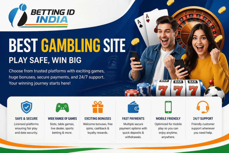 Best Gambling Site banner with Betting ID India logo showing casino games, bonuses, secure payments and mobile betting