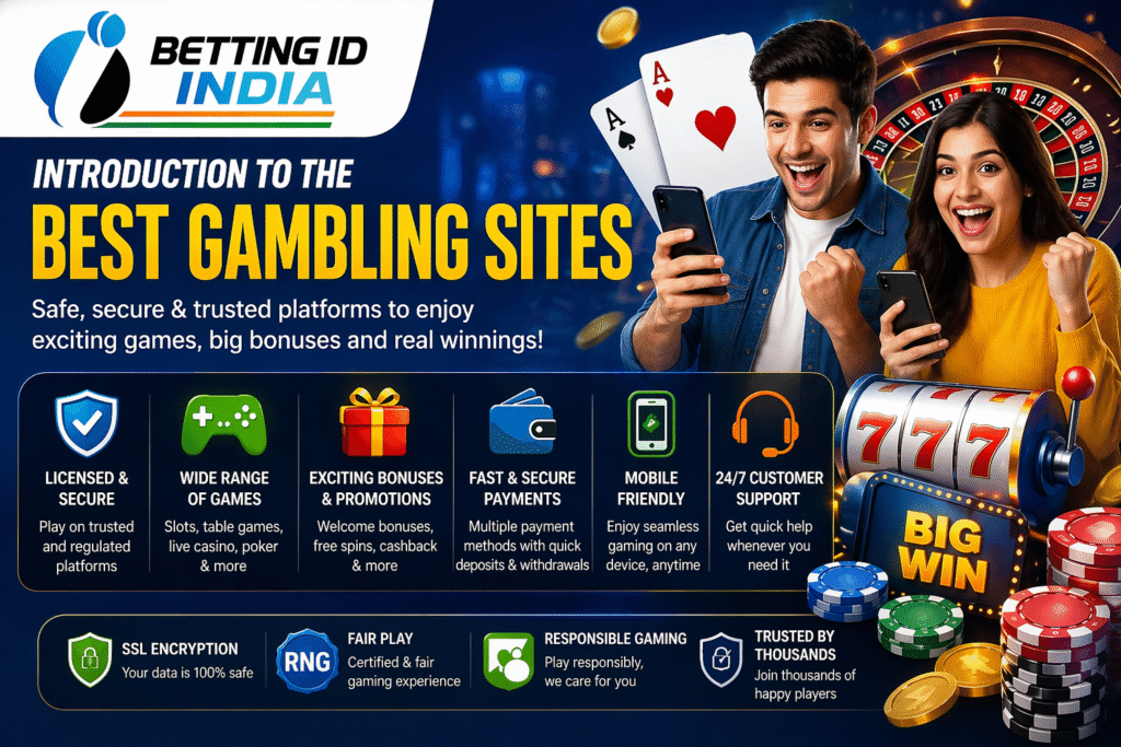 Best gambling site in India with Betting ID India logo showing casino games, bonuses, secure payments and mobile betting