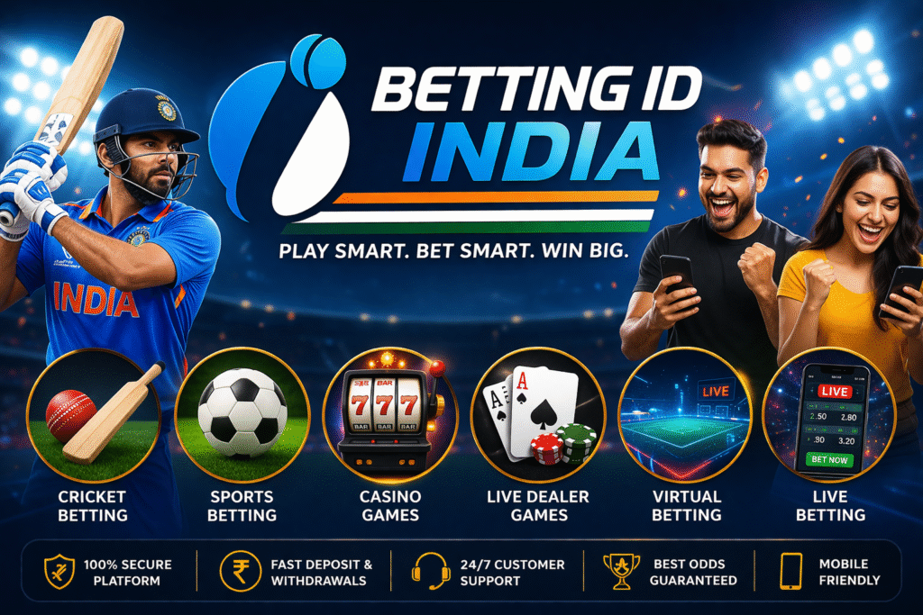 Betting Gamers in India 2026 guide with Betting ID India logo showing online betting games, cricket betting, casino betting and mobile betting platform