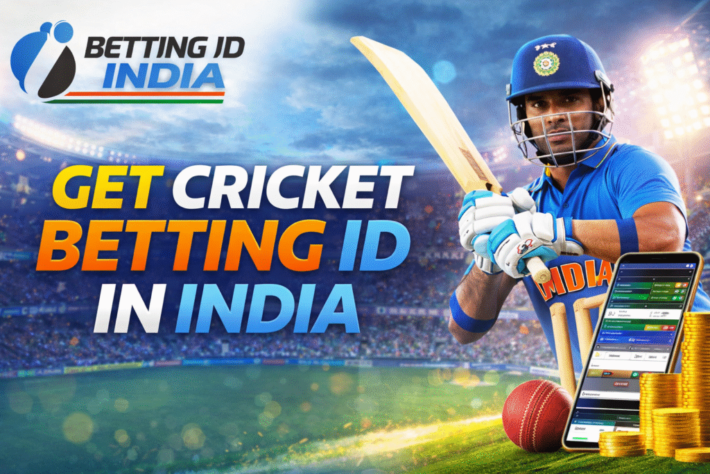 Cricket betting ID India banner with player, mobile betting app, logo and live cricket betting concept