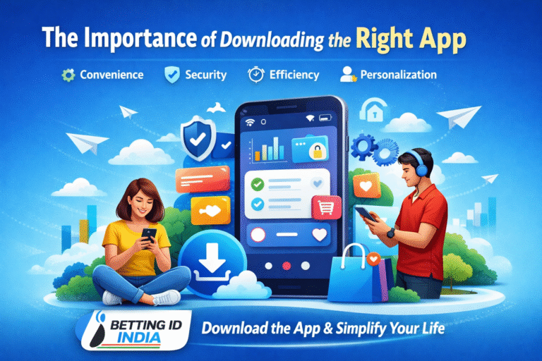Download app benefits illustration with Betting ID India logo showing convenience, security, and efficiency