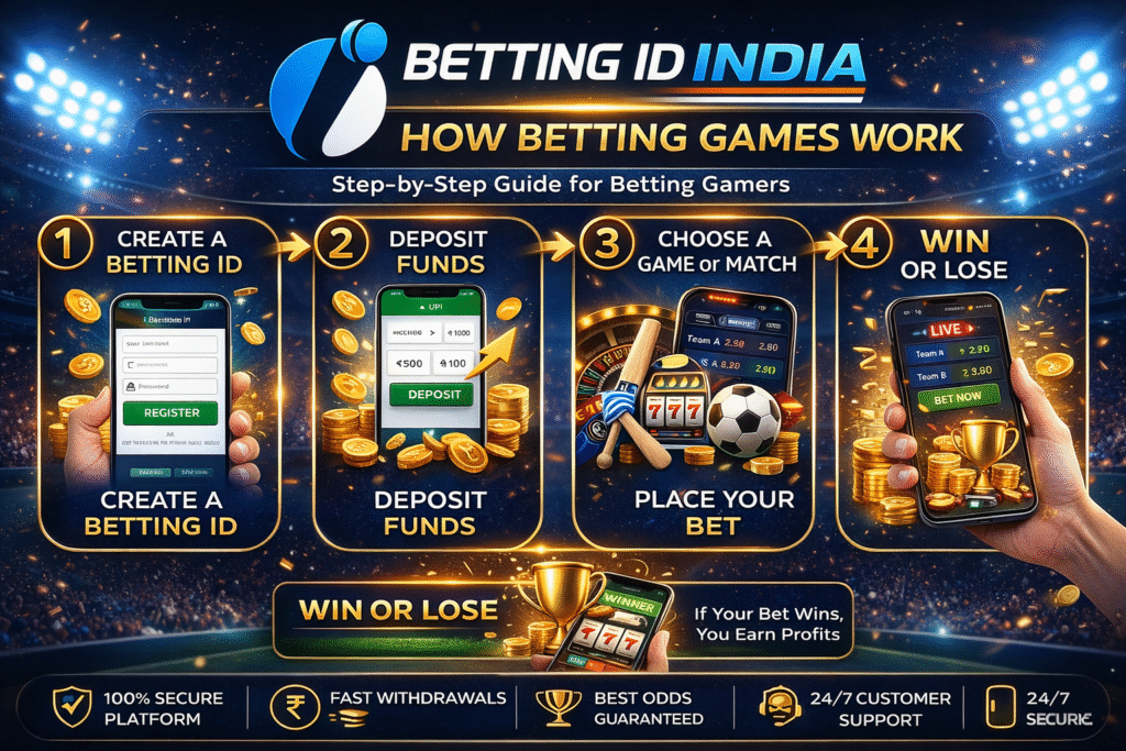 How betting games work in India 2026 step by step guide for betting gamers with Betting ID India logo showing create betting ID deposit funds place bet and win online betting games