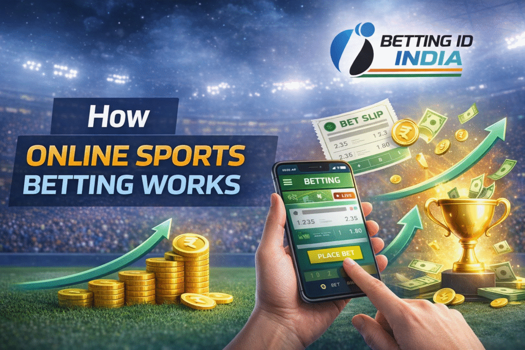 How online sports betting works with mobile betting app, odds, bet slip and Betting ID India logo