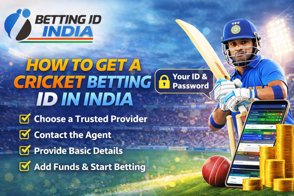 Step-by-step cricket betting ID India banner with player, checklist, mobile betting app and logo