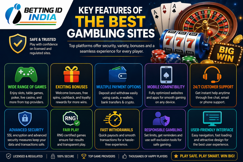 Key features of best gambling site in India with Betting ID India logo showing secure payments, bonuses, mobile betting and casino games