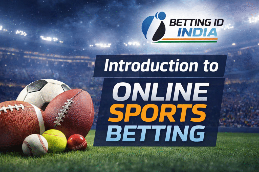 Online sports betting introduction with Betting ID India logo and sports balls in stadium background