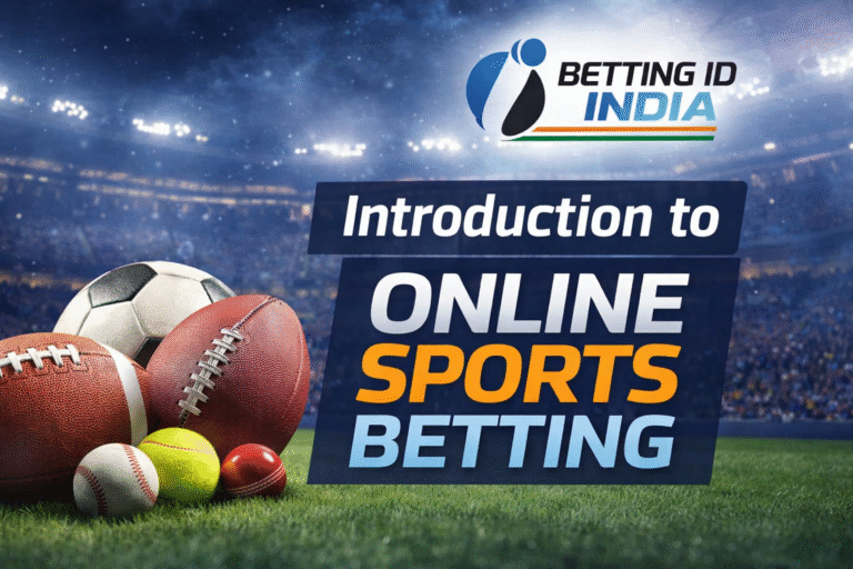 Online sports betting introduction with Betting ID India logo and sports balls in stadium background
