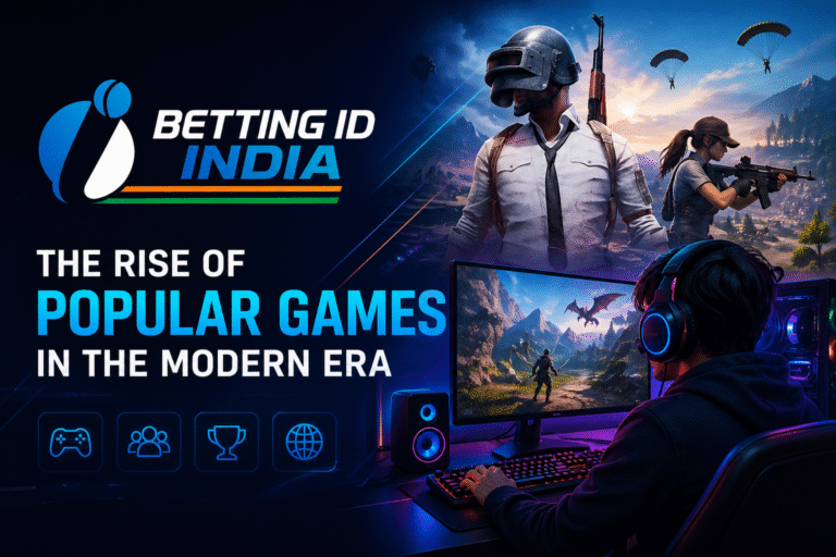 Popular games in the modern era gaming setup with Betting ID India logo and battle royale gameplay scene