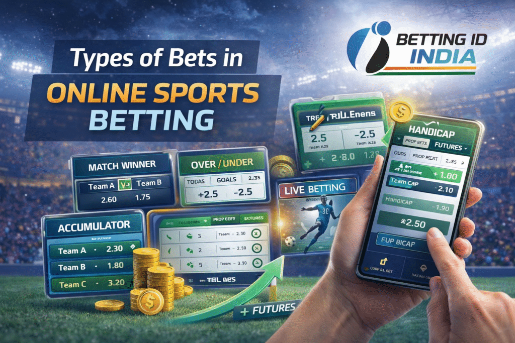Types of bets in online sports betting including match winner, over under, accumulator and live betting with Betting ID India logo