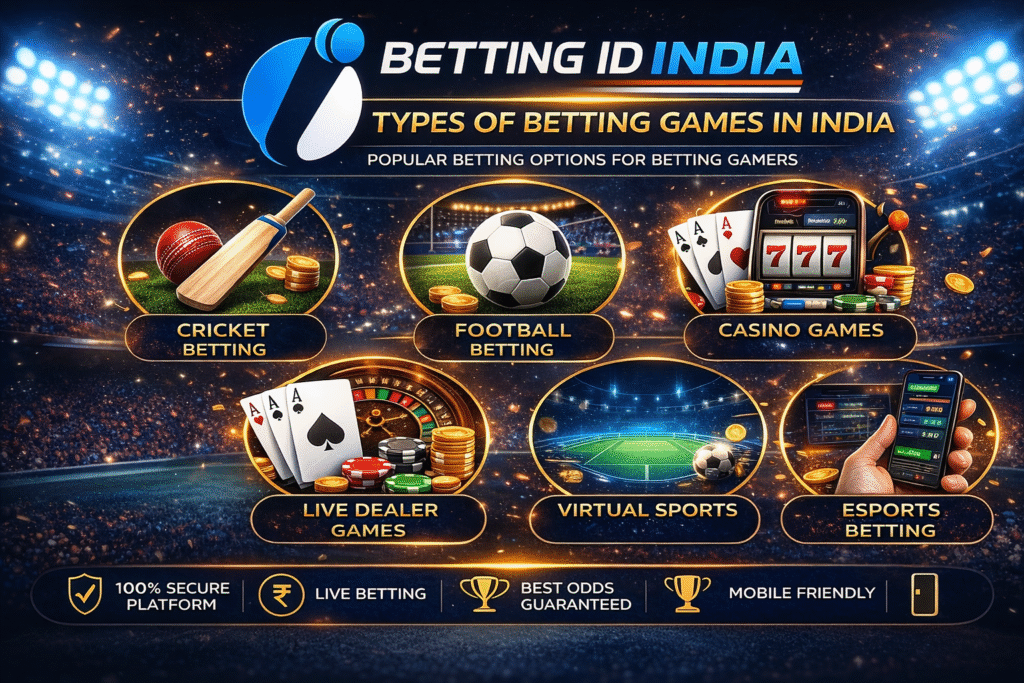 Types of betting games in India 2026 for betting gamers including cricket betting football betting casino games live dealer virtual sports and esports betting with Betting ID India logo