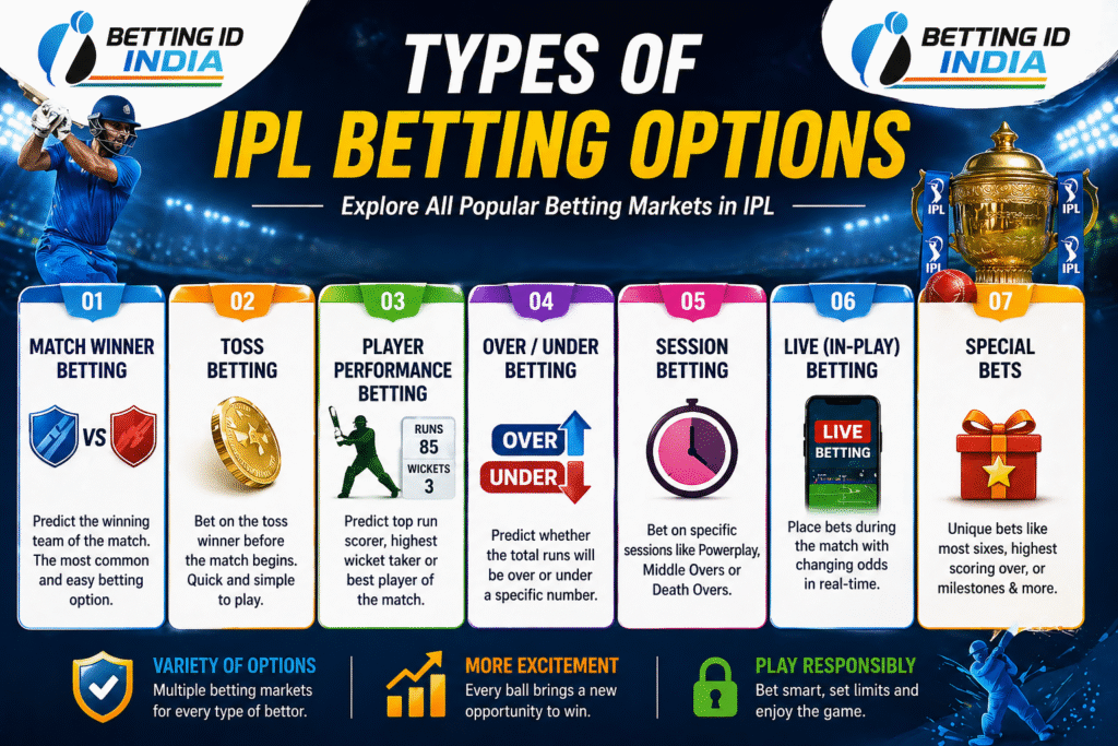Types of IPL betting options including match winner, toss betting, session betting and live betting
