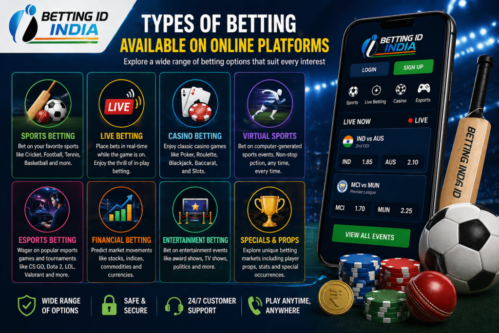 Different types of online betting including sports betting, casino, live betting, esports and virtual sports